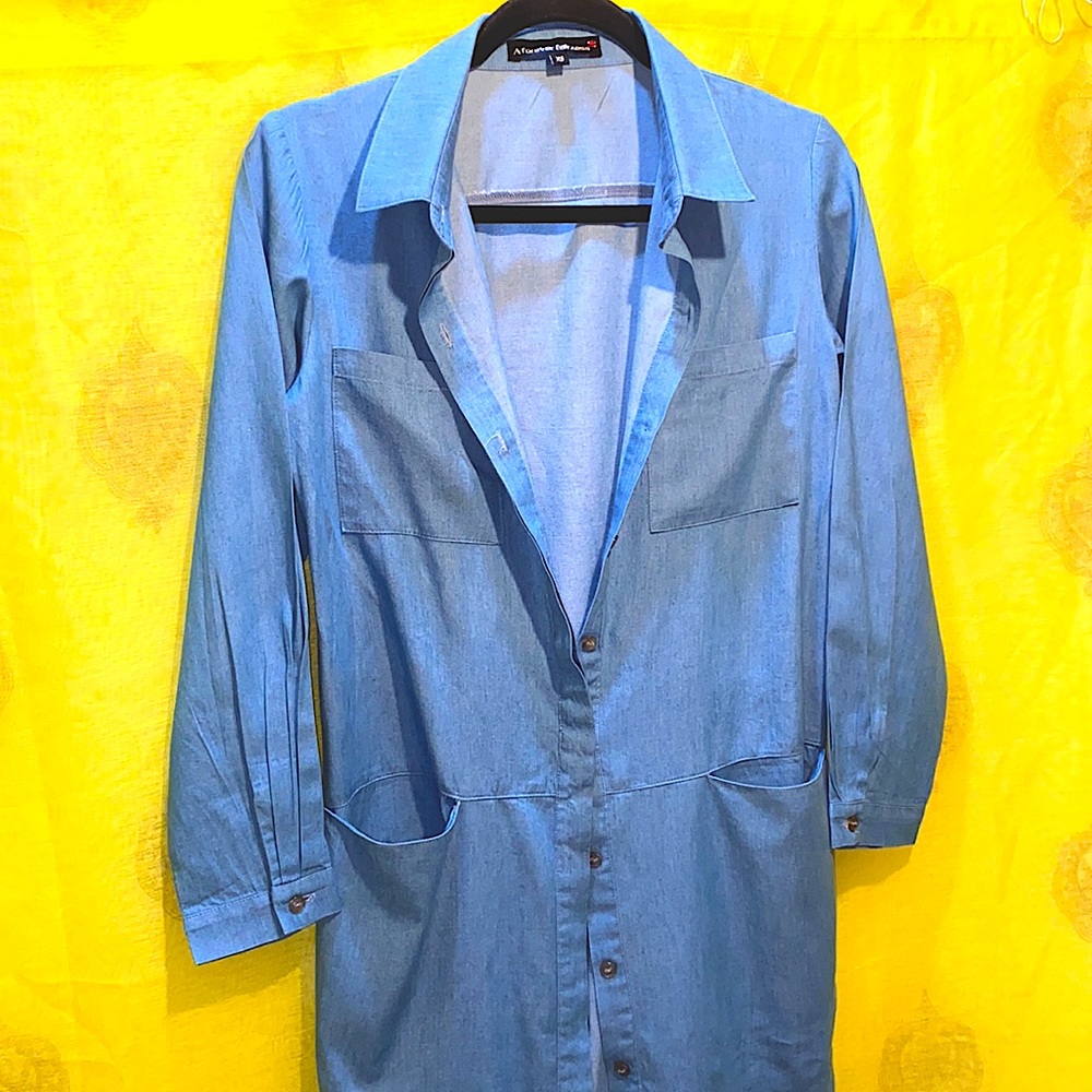 DENIM DUSTER BLUE LONG SLEEVES COLLAR SPLITS SZ XS - Picture 2 of 11